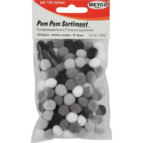 Pom Pom Sortiment Schwarz, Weiß, Grau sortiert 10mm, 120 Stück